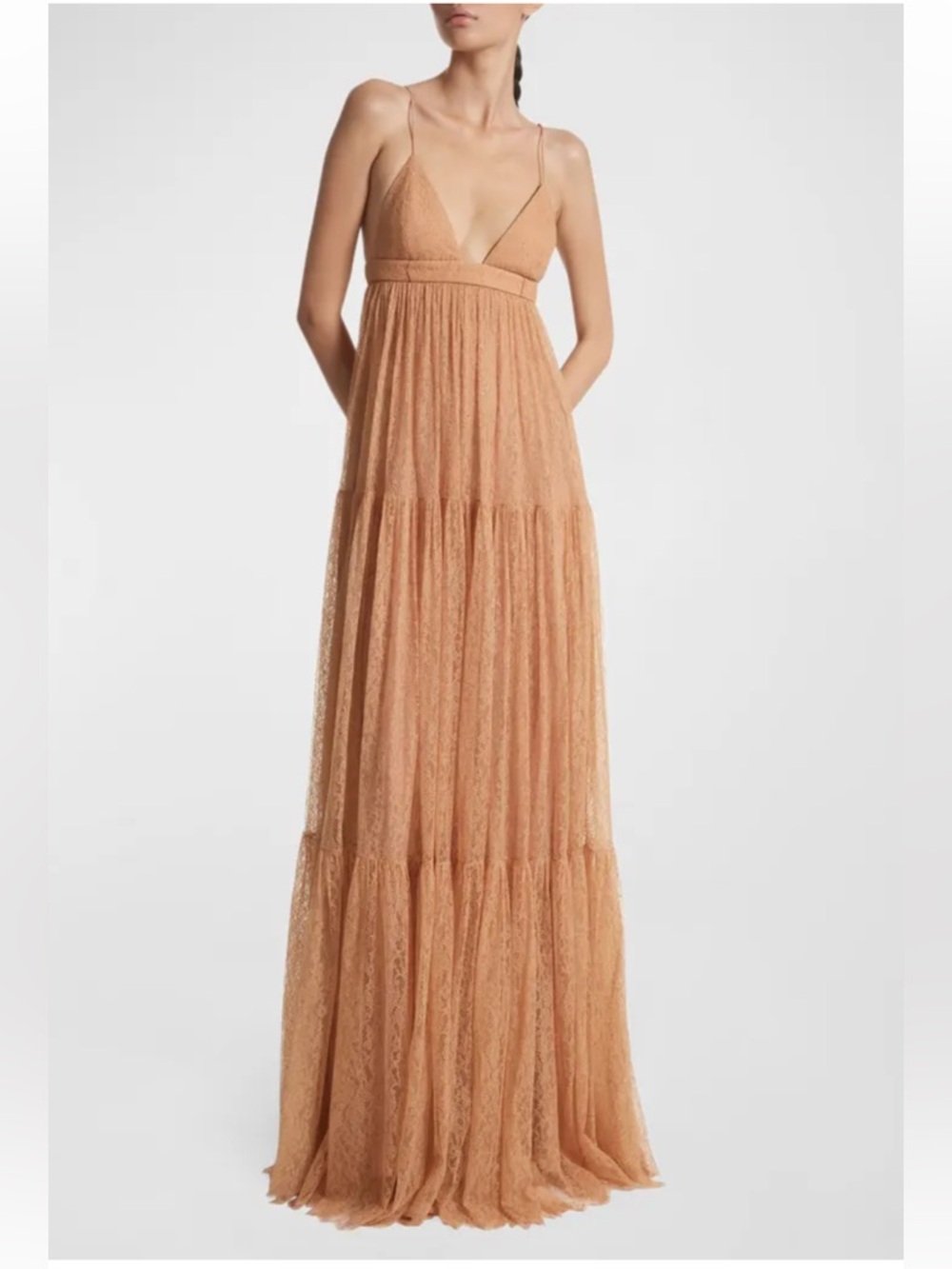 Michael Kors Collection Camel Lace Maxi w Spaghetti Straps (Lace Tiered Gown)